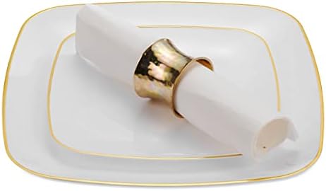 צלחות ארוחת ערב מרובעות חד פעמיות של בלומינגודס | 50-חבילה 10 אינץ 'לבן עם צלחות ריבוע שפת זהב | אידיאלי לחתונות,